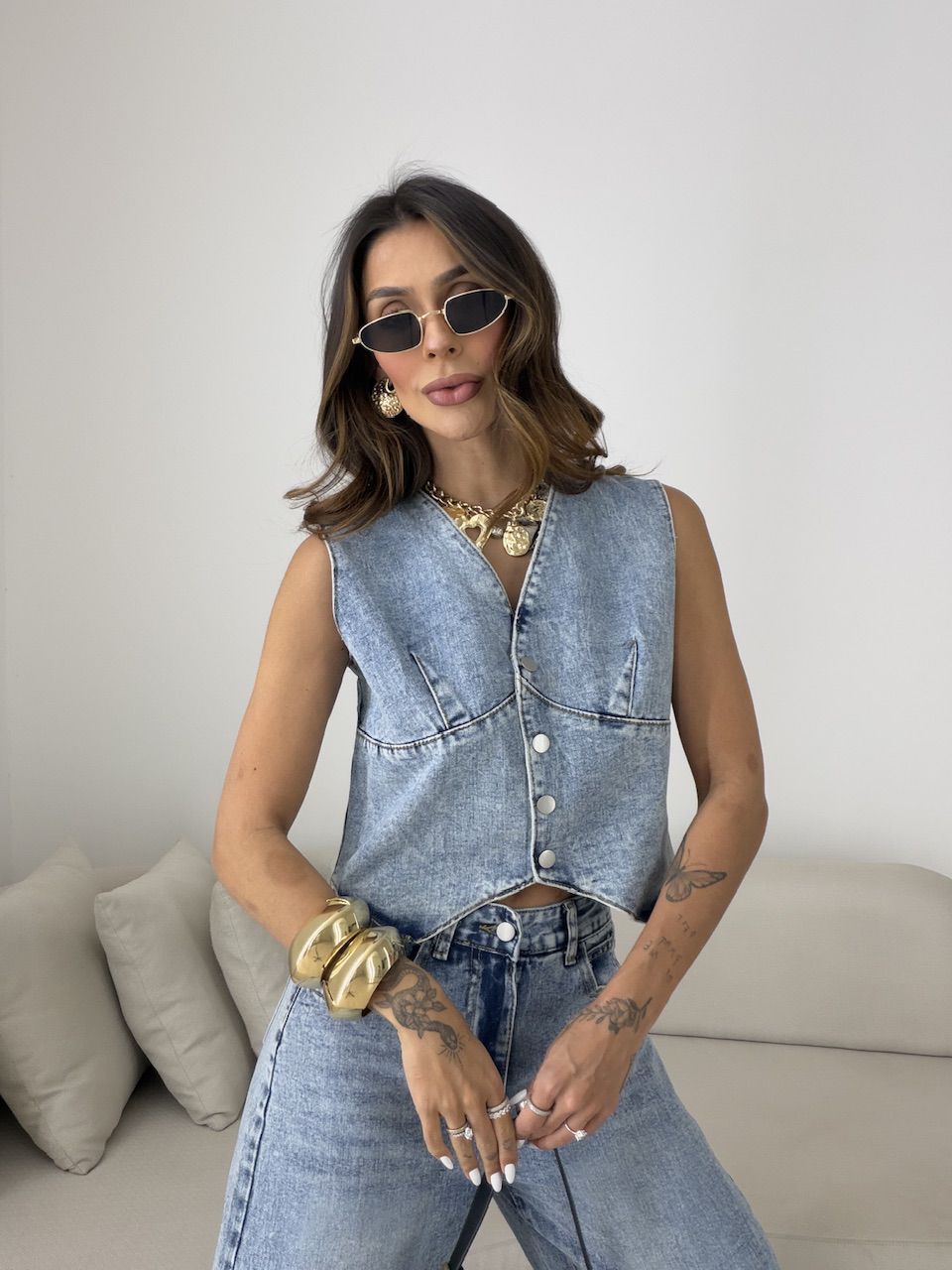 CONJUNTO CIBELE COLETE CALÇA JEANS CLARO