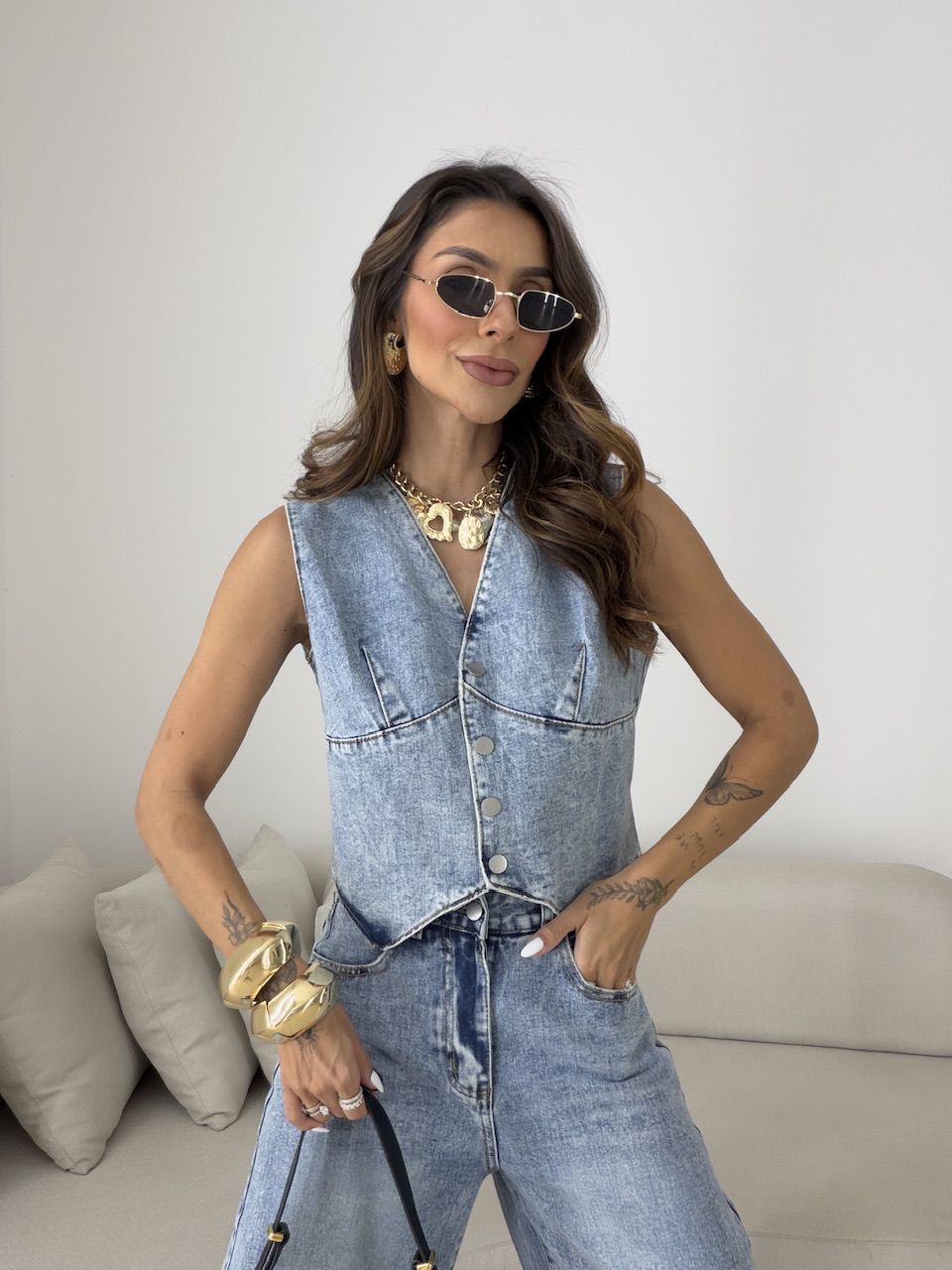 CONJUNTO CIBELE COLETE CALÇA JEANS CLARO