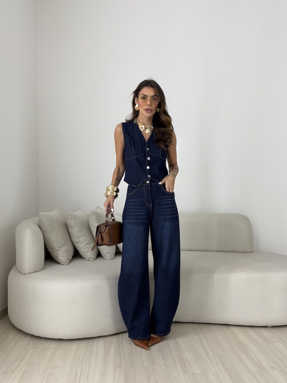 CONJUNTO CIBELE COLETE CALÇA JEANS ESCURO