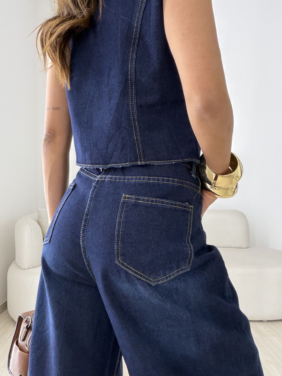CONJUNTO CIBELE COLETE CALÇA JEANS ESCURO