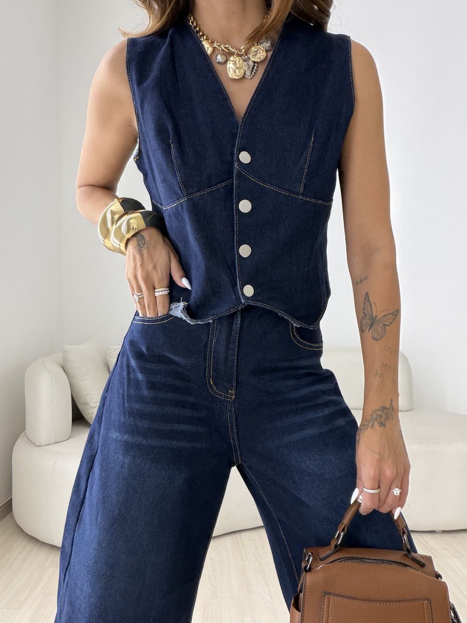 CONJUNTO CIBELE COLETE CALÇA JEANS ESCURO