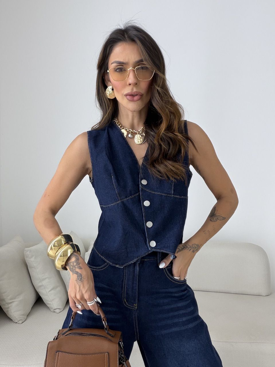CONJUNTO CIBELE COLETE CALÇA JEANS ESCURO