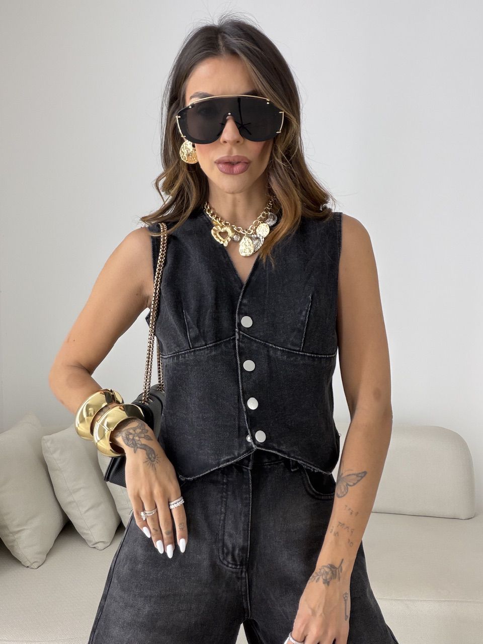 CONJUNTO CIBELE COLETE CALÇA JEANS PRETO