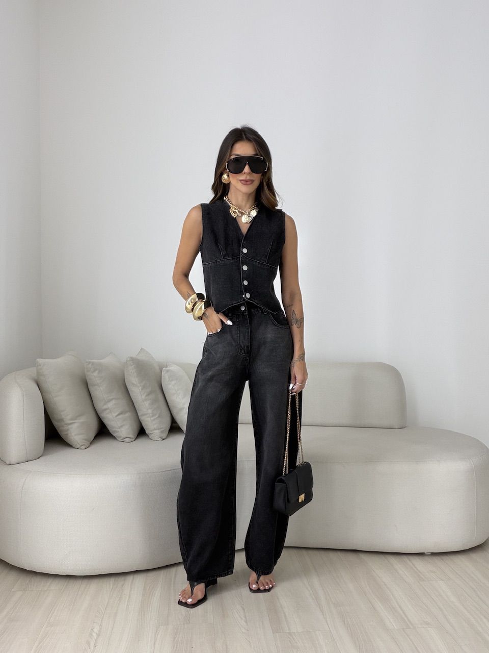 CONJUNTO CIBELE COLETE CALÇA JEANS PRETO