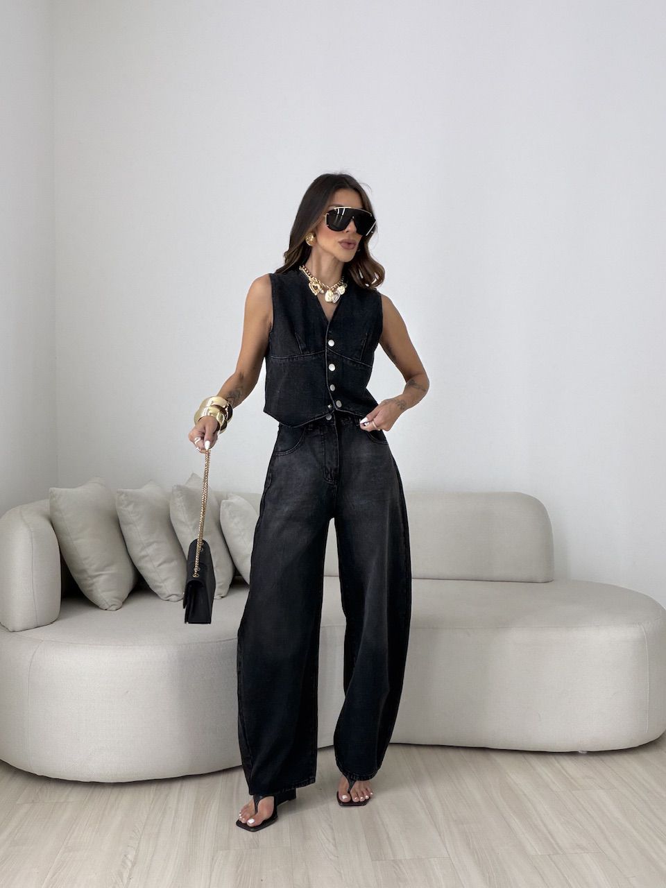 CONJUNTO CIBELE COLETE CALÇA JEANS PRETO - 0080600... - CAROLLA FERRARO