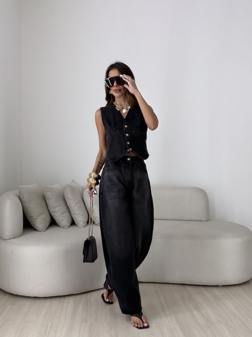 CONJUNTO CIBELE COLETE CALÇA JEANS PRETO
