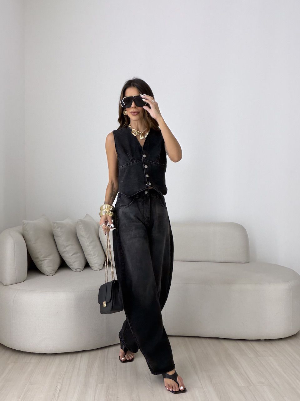 CONJUNTO CIBELE COLETE CALÇA JEANS PRETO