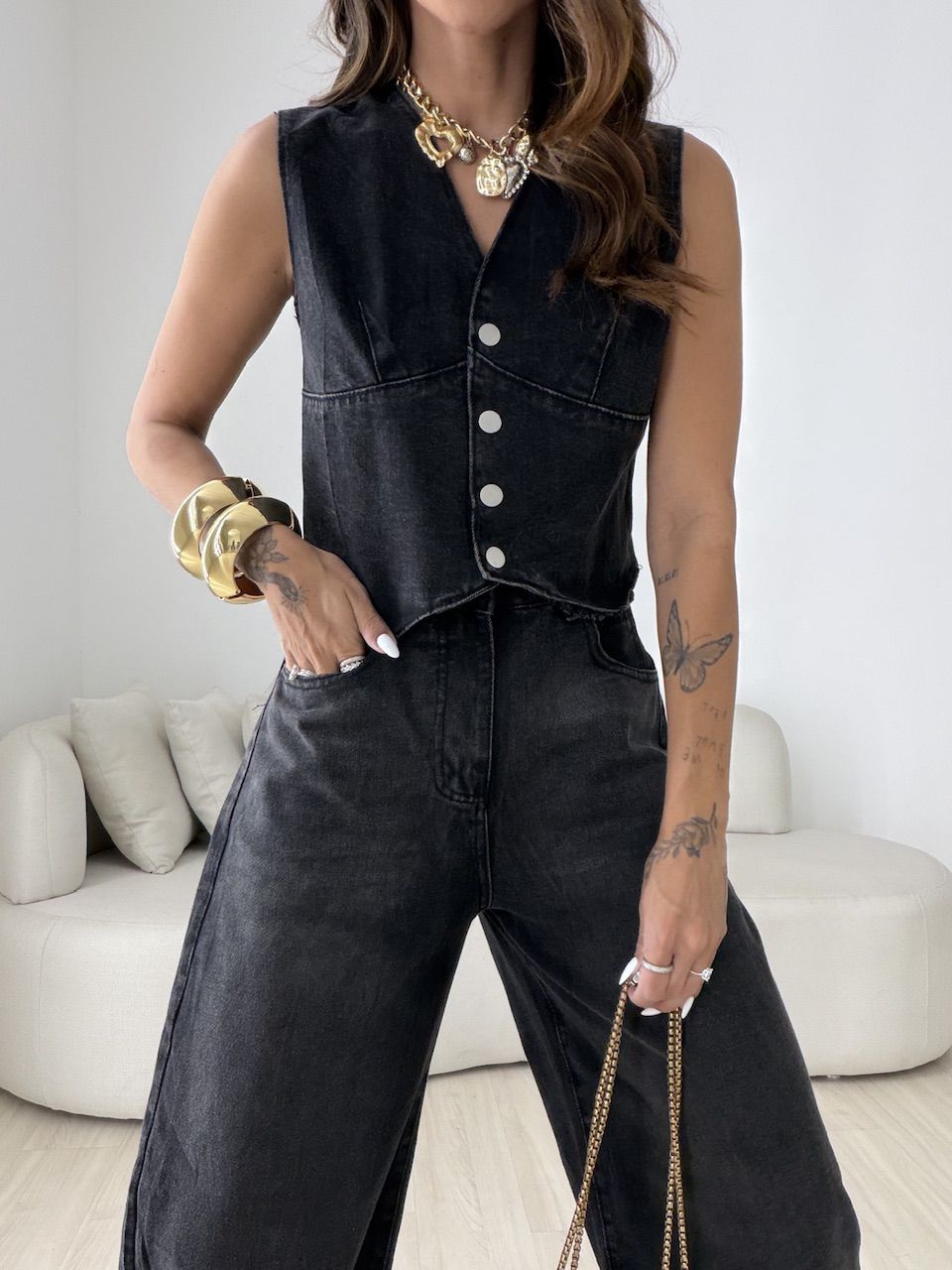 CONJUNTO CIBELE COLETE CALÇA JEANS PRETO