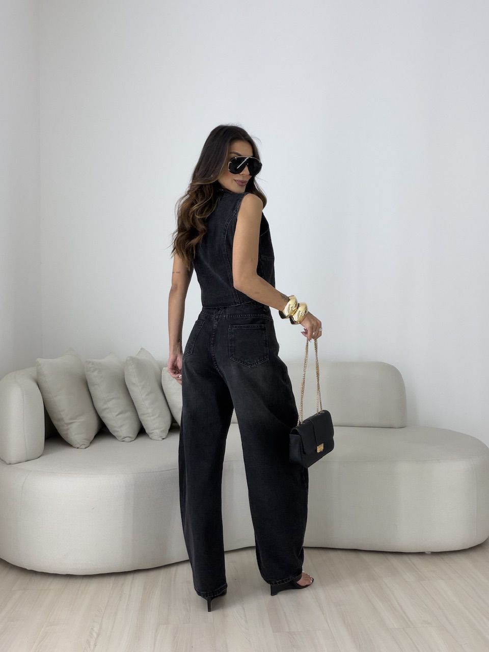 CONJUNTO CIBELE COLETE CALÇA JEANS PRETO
