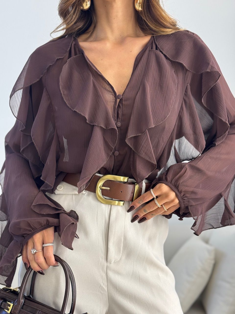 BLUSA FLÁVIA BABADOS MARROM