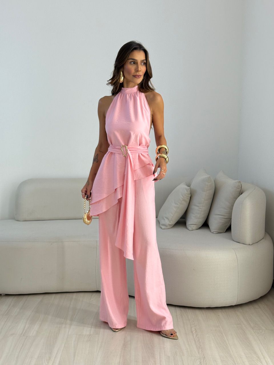 CONJUNTO ADELE BLUSA ASSIMÉTRICA ROSA