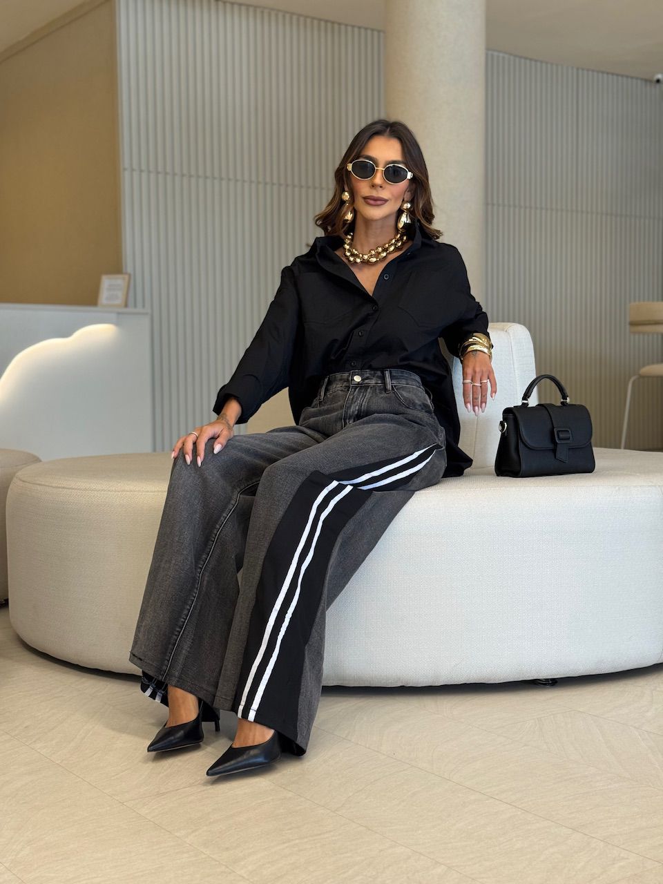 CALÇA LAUANA LISTRAS JEANS PRETO