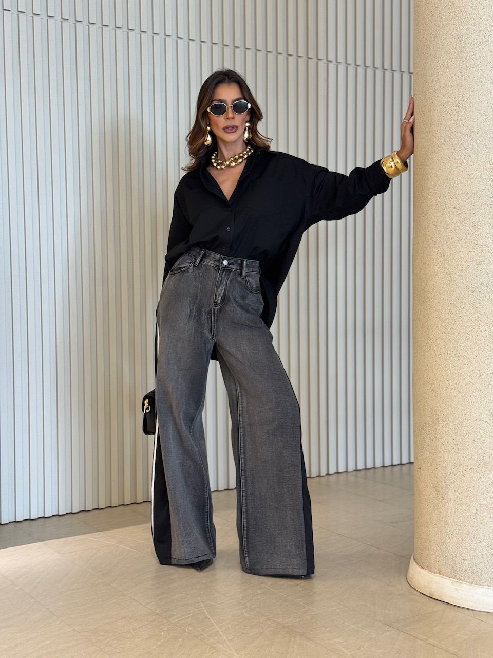 CALÇA LAUANA LISTRAS JEANS PRETO - 0074490335 - CAROLLA FERRARO