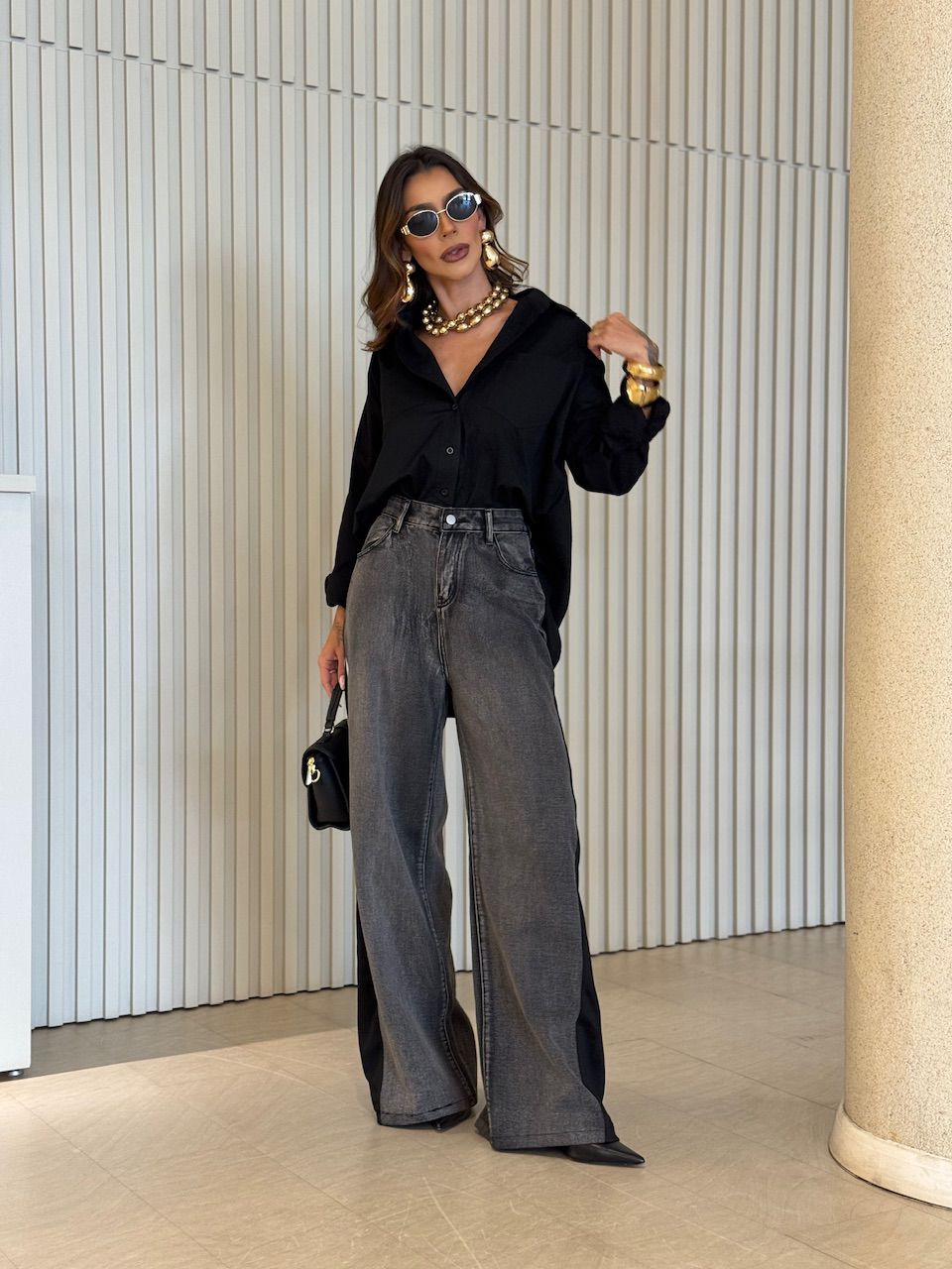 CALÇA LAUANA LISTRAS JEANS PRETO