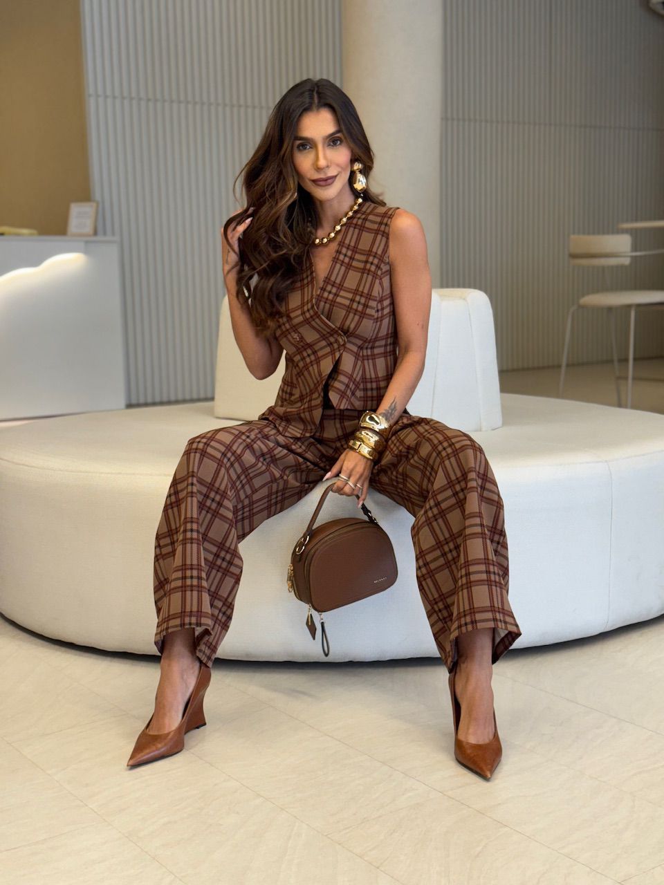 CALÇA TAÍS XADREZ CAFÉ