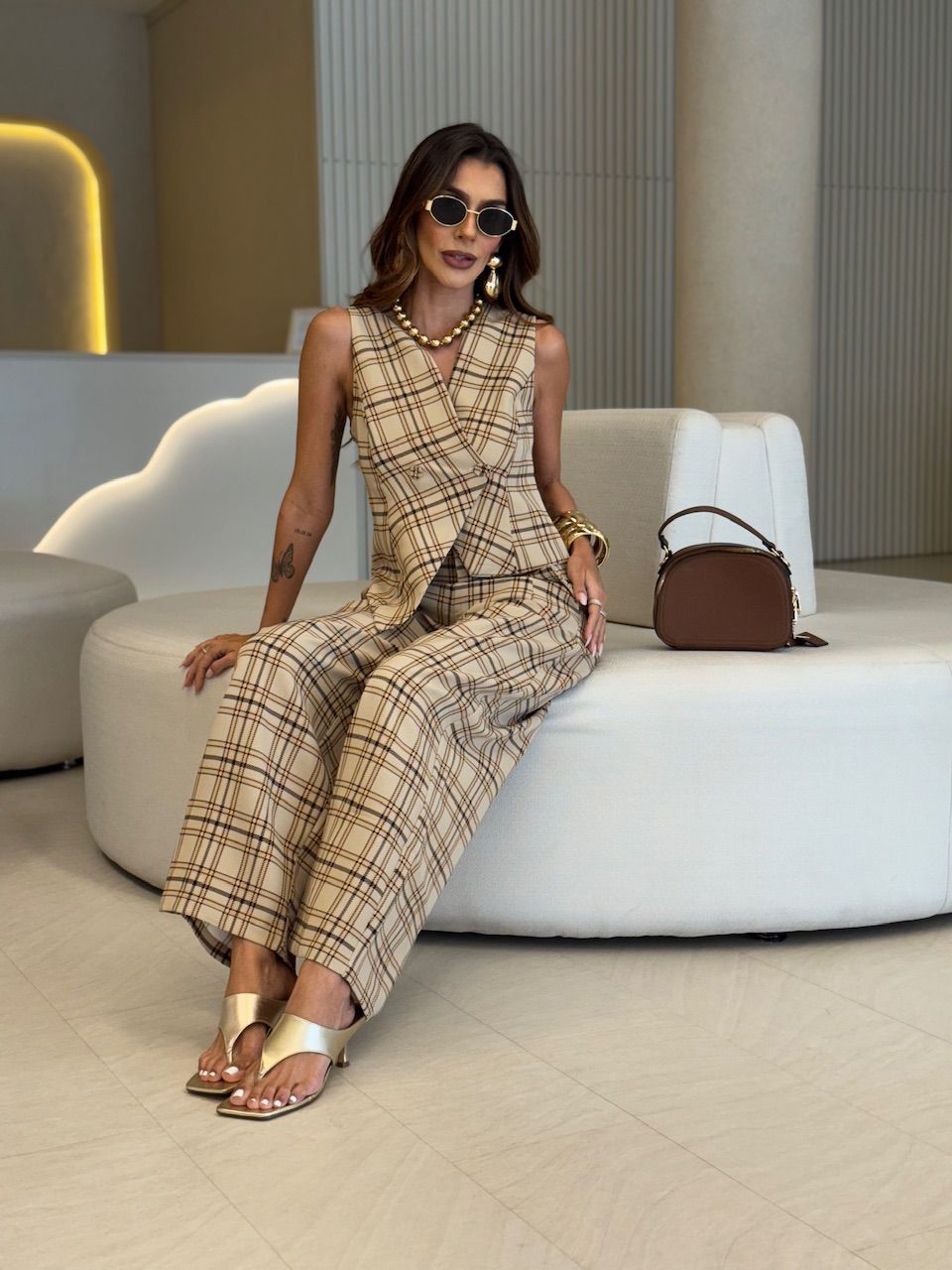 CALÇA TAÍS XADREZ NUDE