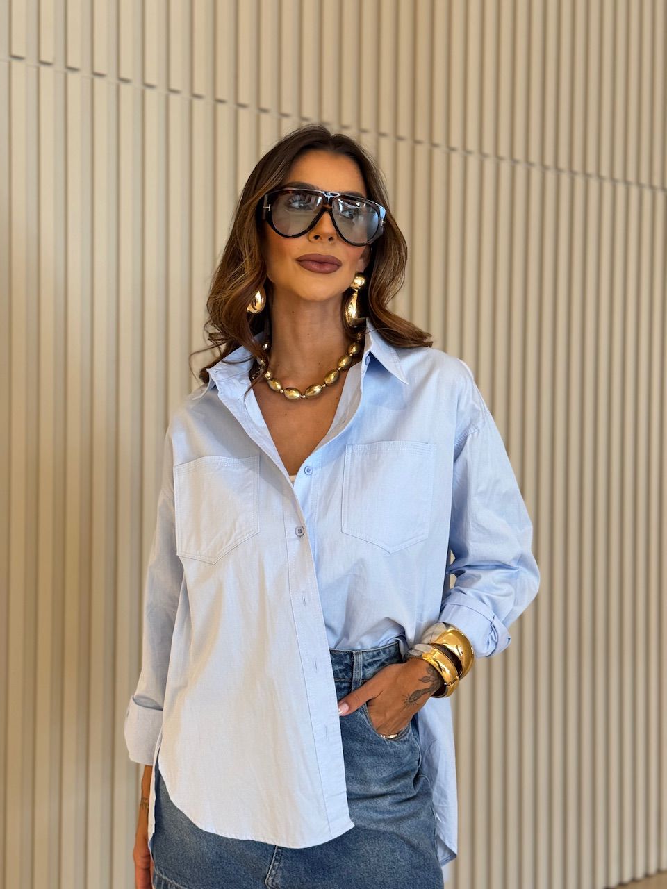 CAMISA SAMIRA OVER AZUL - 0074500109 - CAROLLA FERRARO