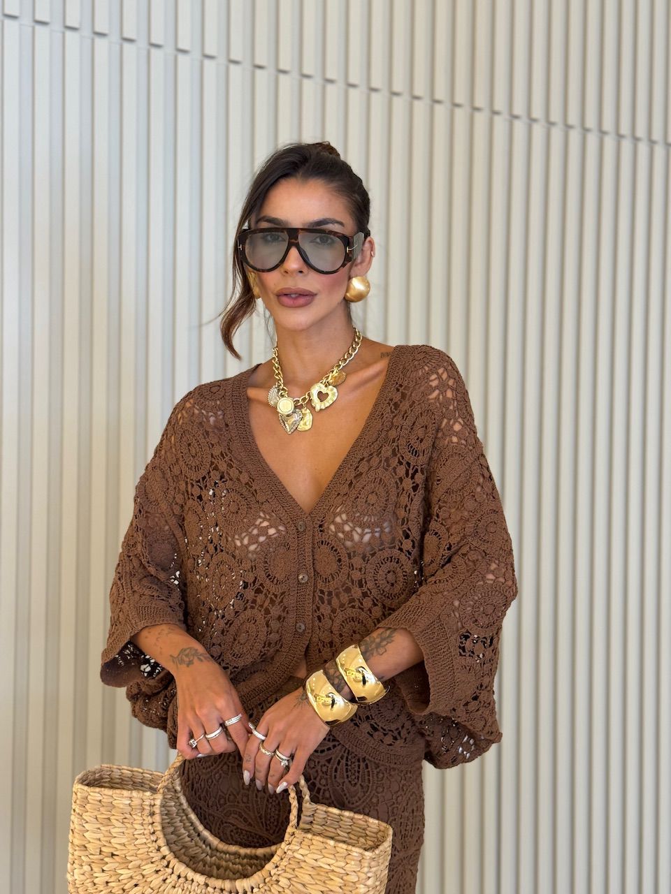 CAMISA SALETE CROCHÊ MARROM