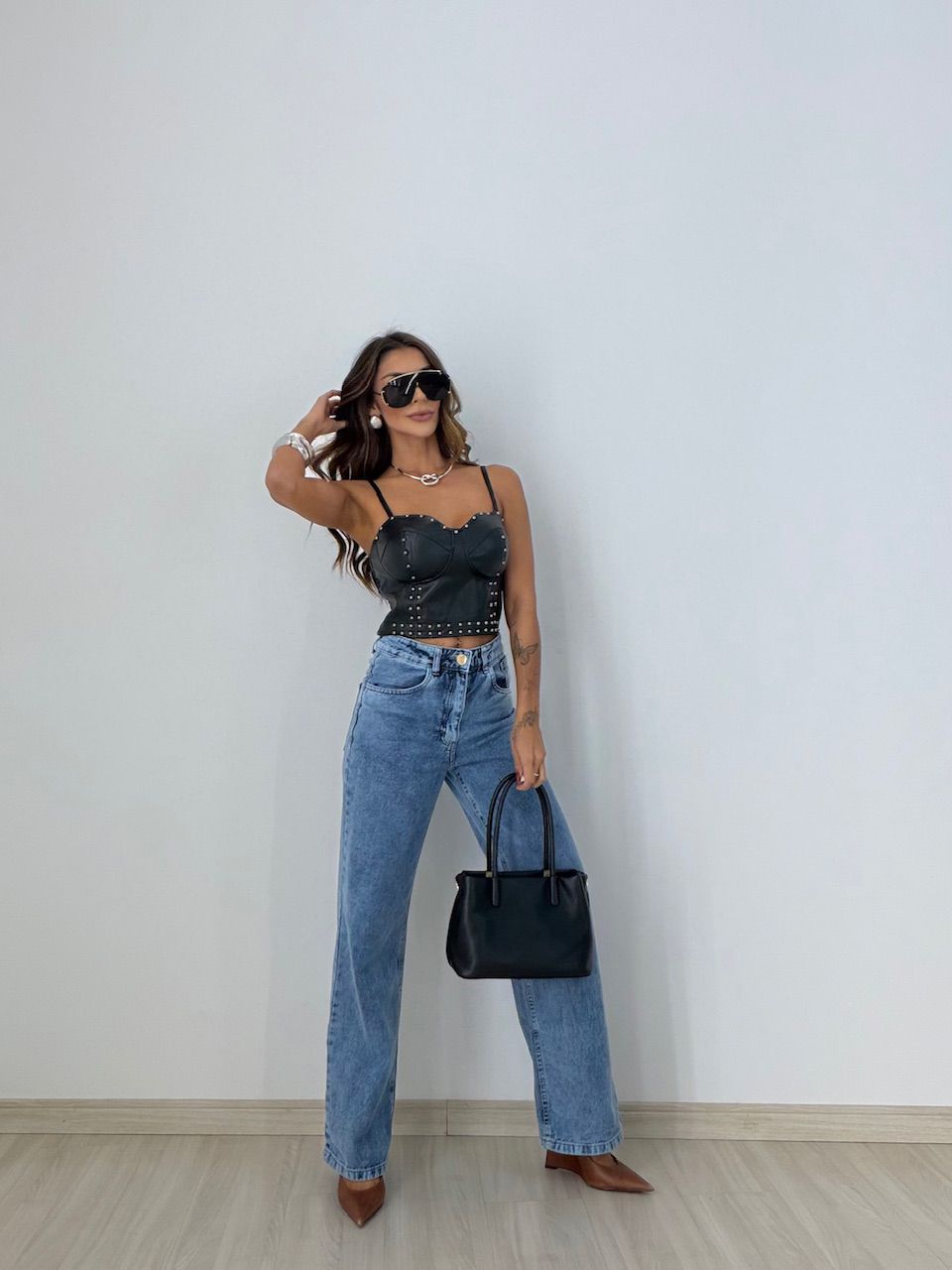 CROPPED BELLA COURO FAKE PRETO