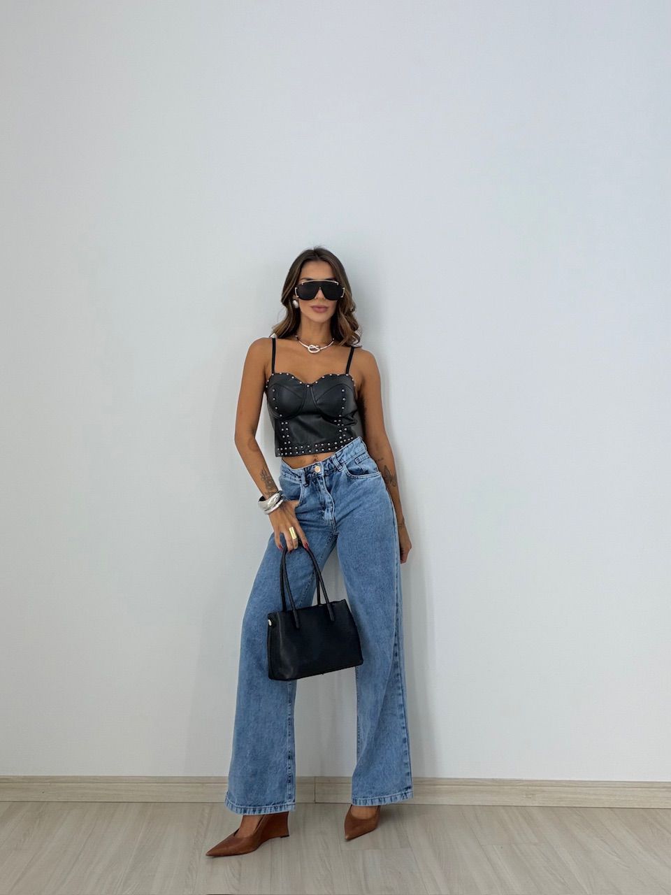 CROPPED BELLA COURO FAKE PRETO