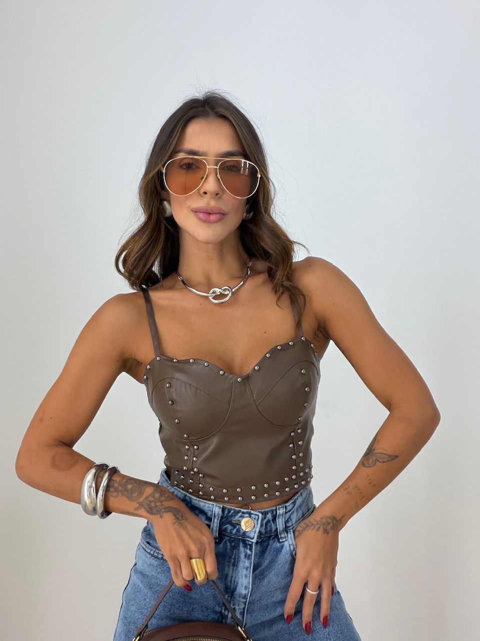 CROPPED BELLA COURO FAKE CAFÉ - 0077920160 - CAROLLA FERRARO