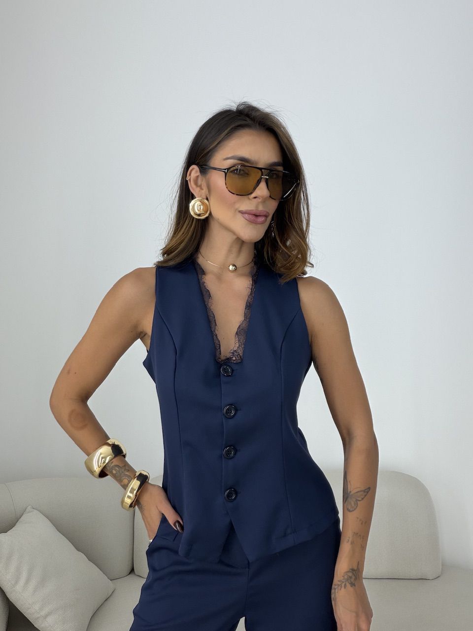 CONJUNTO BETINA COLETE CALÇA MARINHO