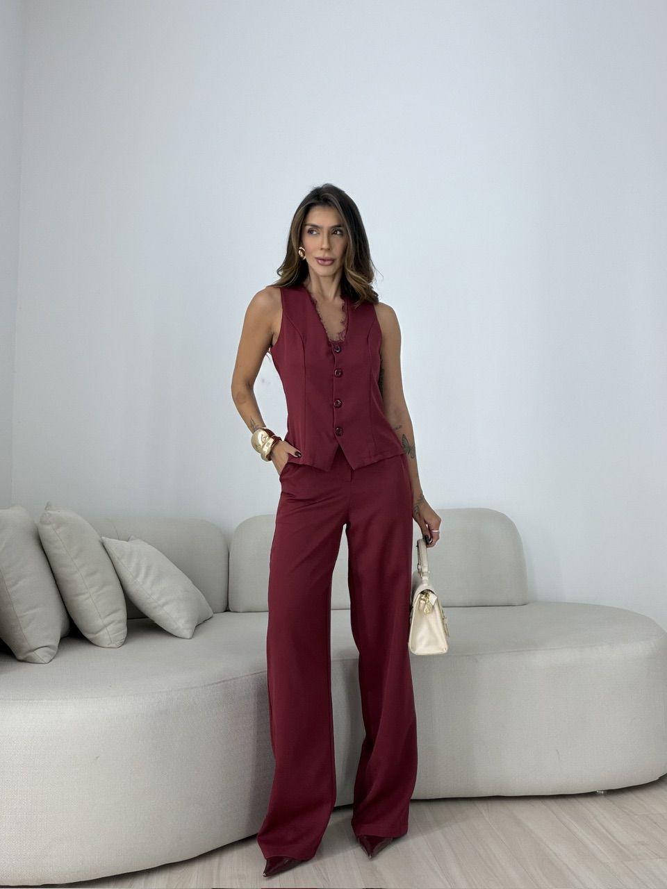 CONJUNTO BETINA COLETE CALÇA VINHO