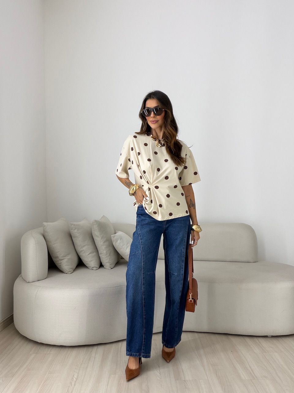BLUSA ARIEL POÁ CREME/MARROM
