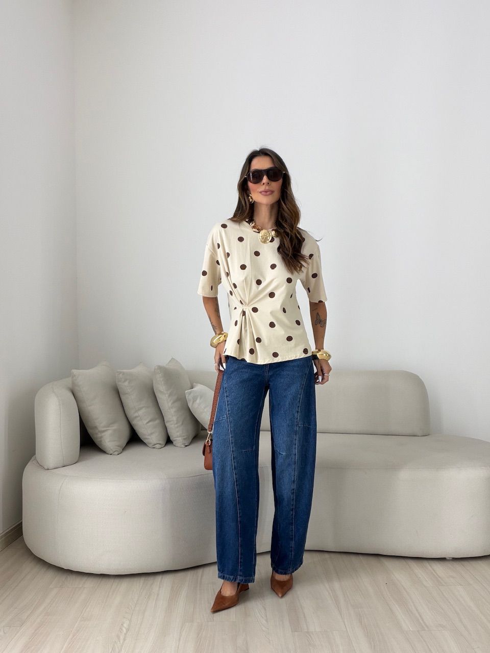 BLUSA ARIEL POÁ CREME/MARROM