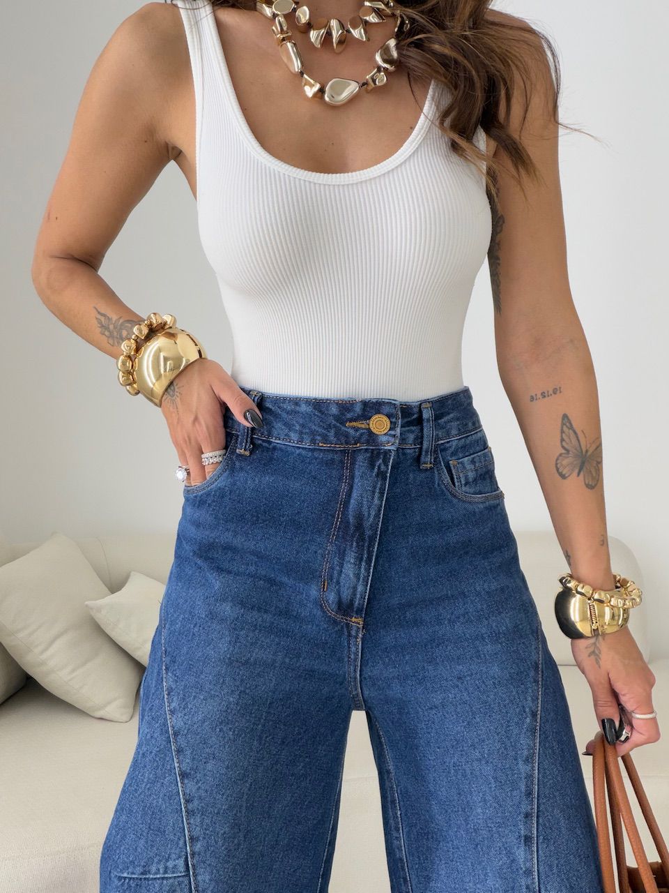 CALÇA TAMARA BALLOON RECORTES JEANS ESCURO