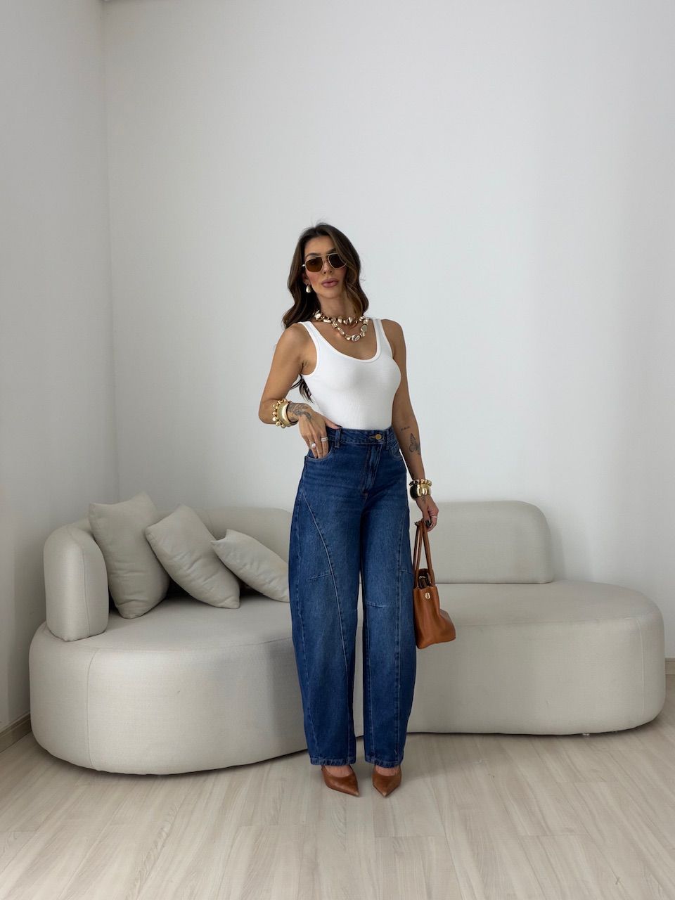 CALÇA TAMARA BALLOON RECORTES JEANS ESCURO