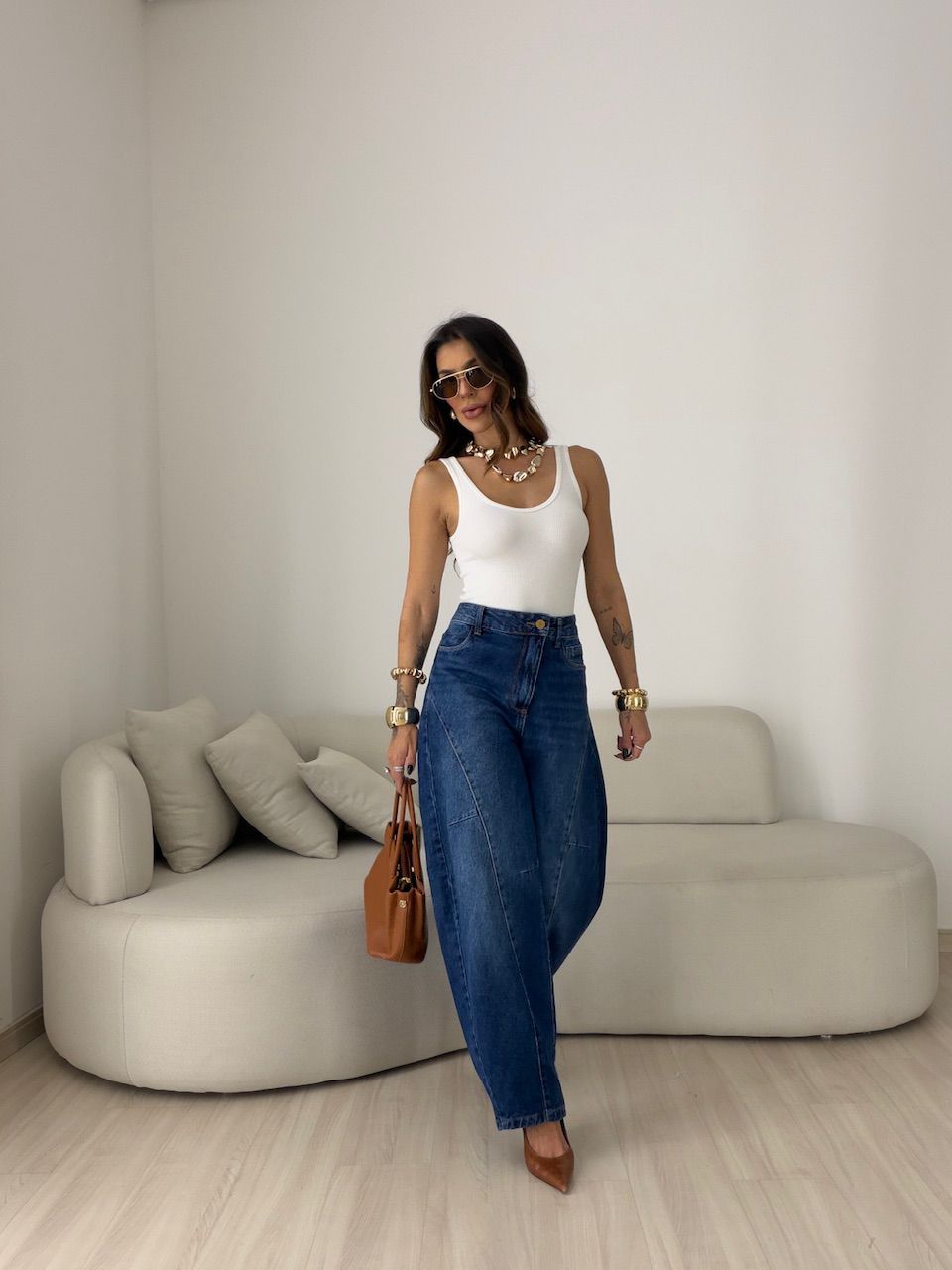 CALÇA TAMARA BALLOON RECORTES JEANS ESCURO