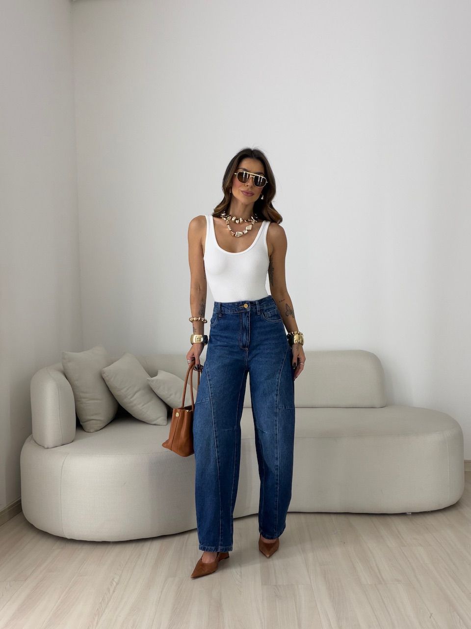 CALÇA TAMARA BALLOON RECORTES JEANS ESCURO