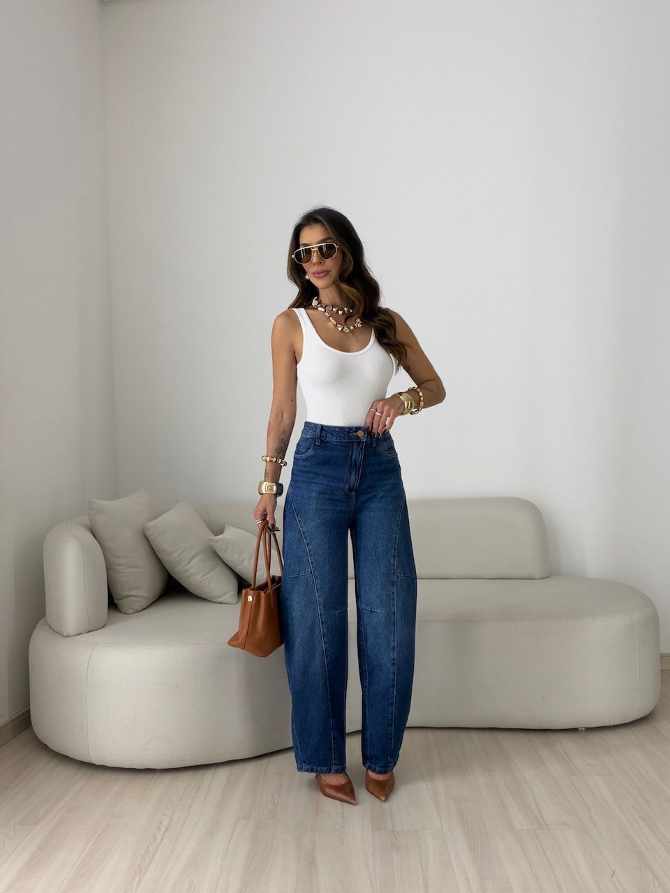 CALÇA TAMARA BALLOON RECORTES JEANS ESCURO