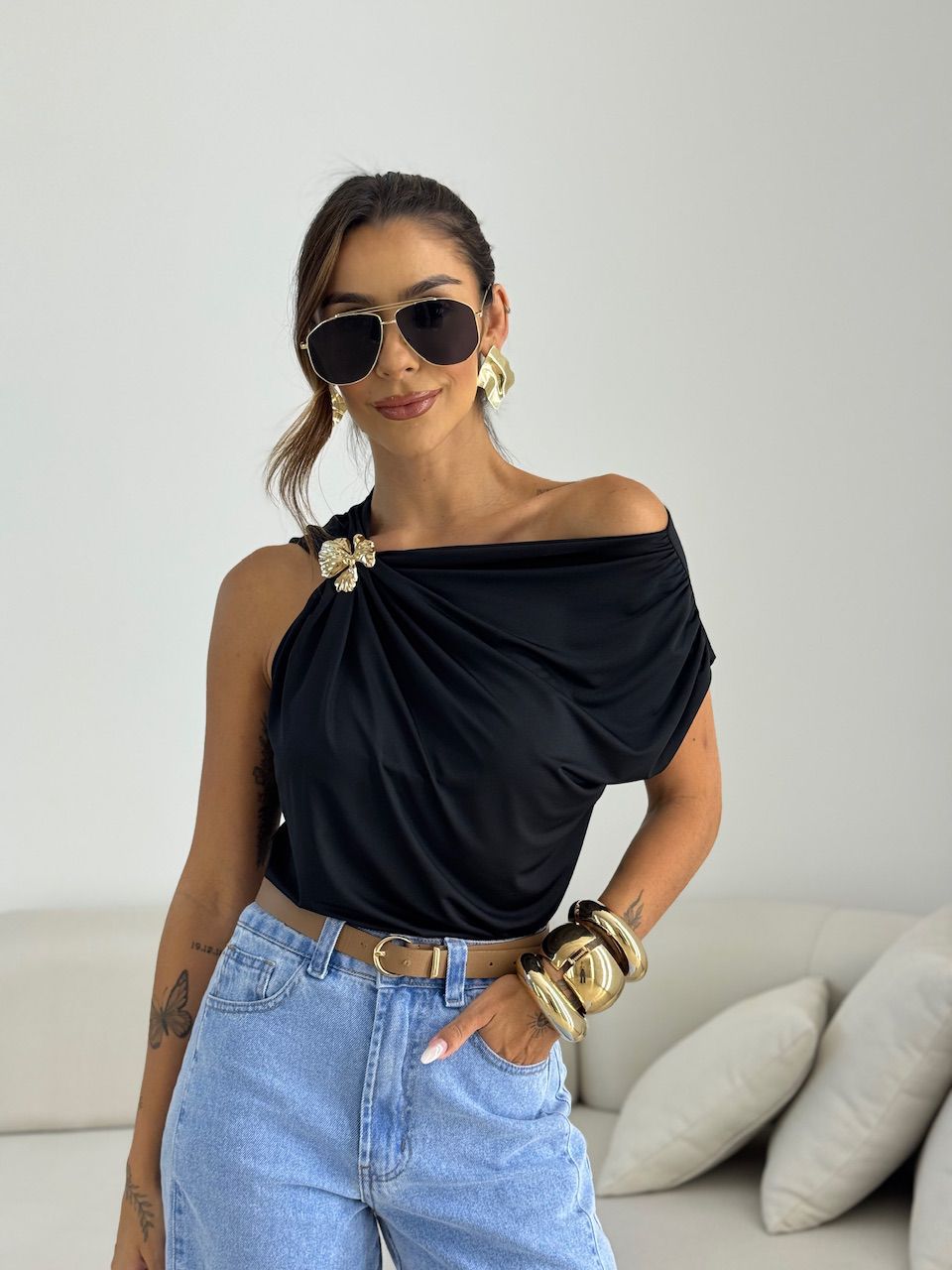 BLUSA TAINÁ METAL Preta - 0070070033 - CAROLLA FERRARO