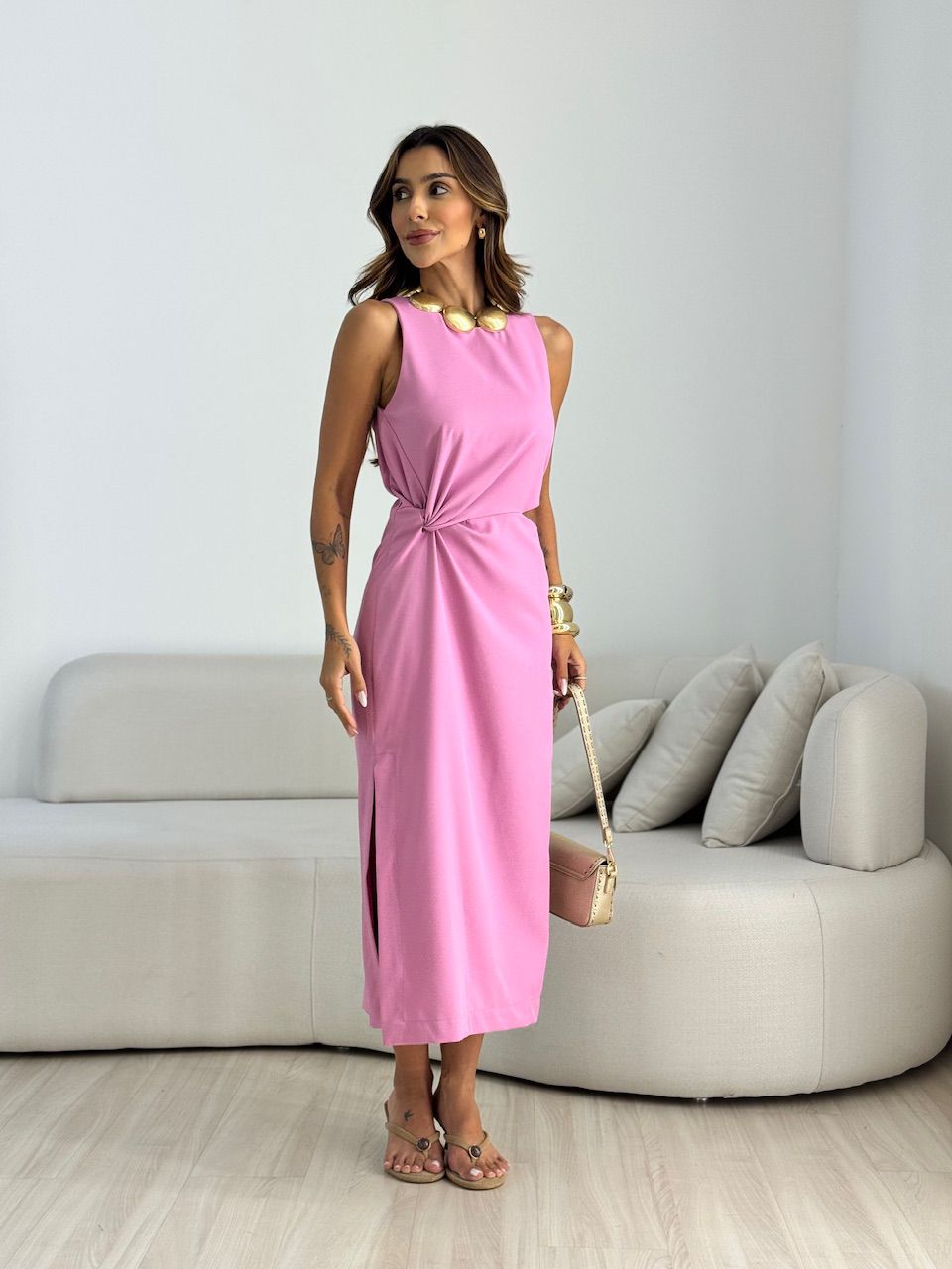 VESTIDO SANDRINHA FENDA ROSA