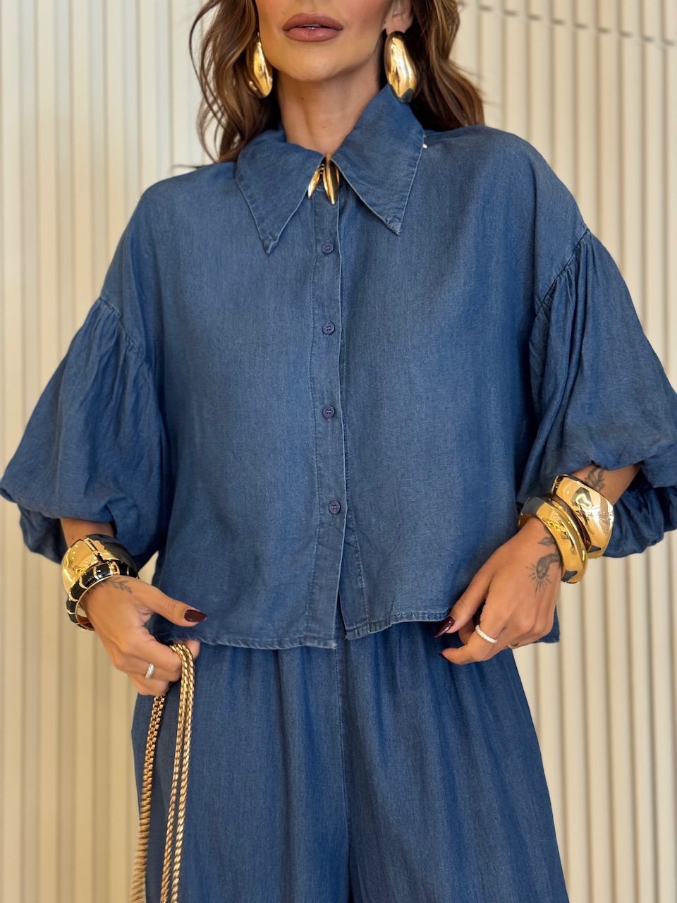 CAMISA SUELI MANGA BALONÊ JEANS ESCURO