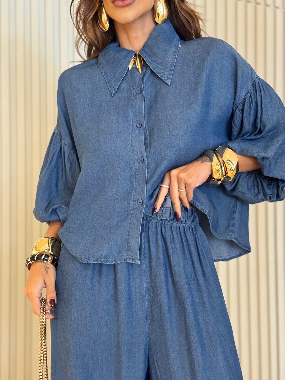 CAMISA SUELI MANGA BALONÊ JEANS ESCURO