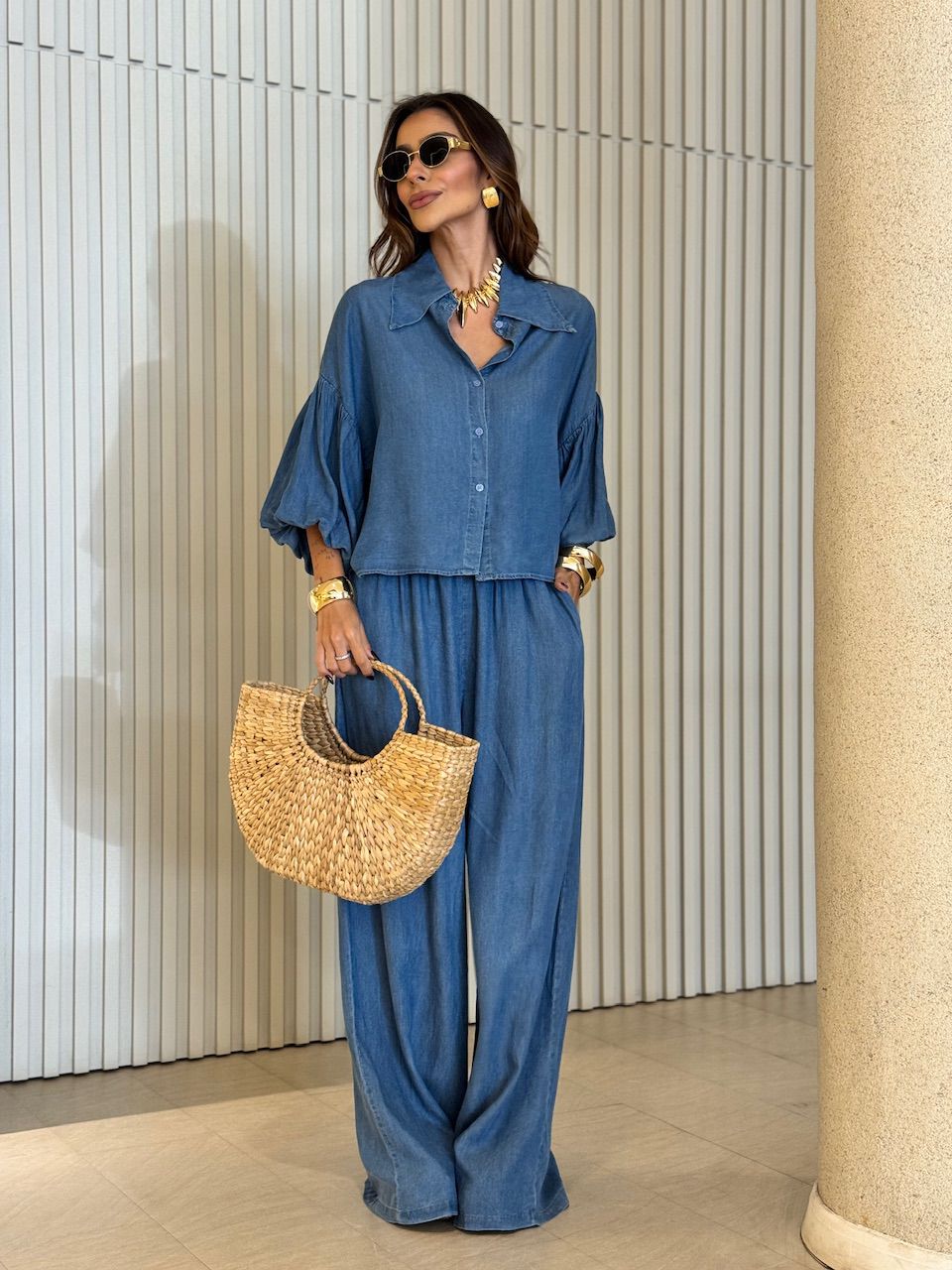 CAMISA SUELI MANGA BALONÊ JEANS MÉDIO