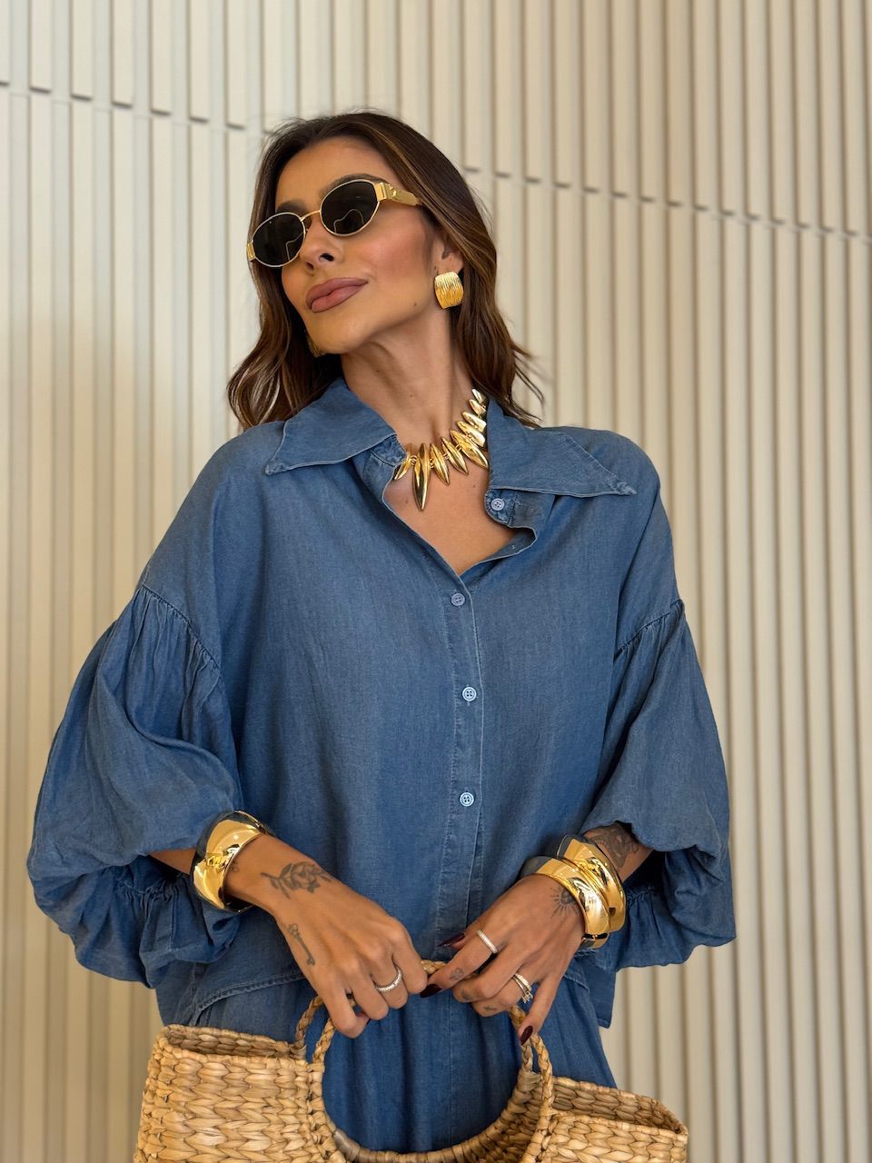 CAMISA SUELI MANGA BALONÊ JEANS MÉDIO