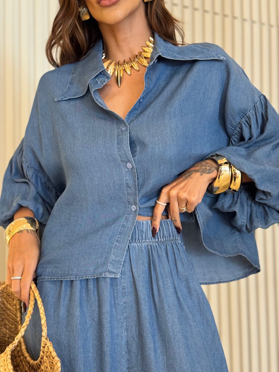 CAMISA SUELI MANGA BALONÊ JEANS MÉDIO