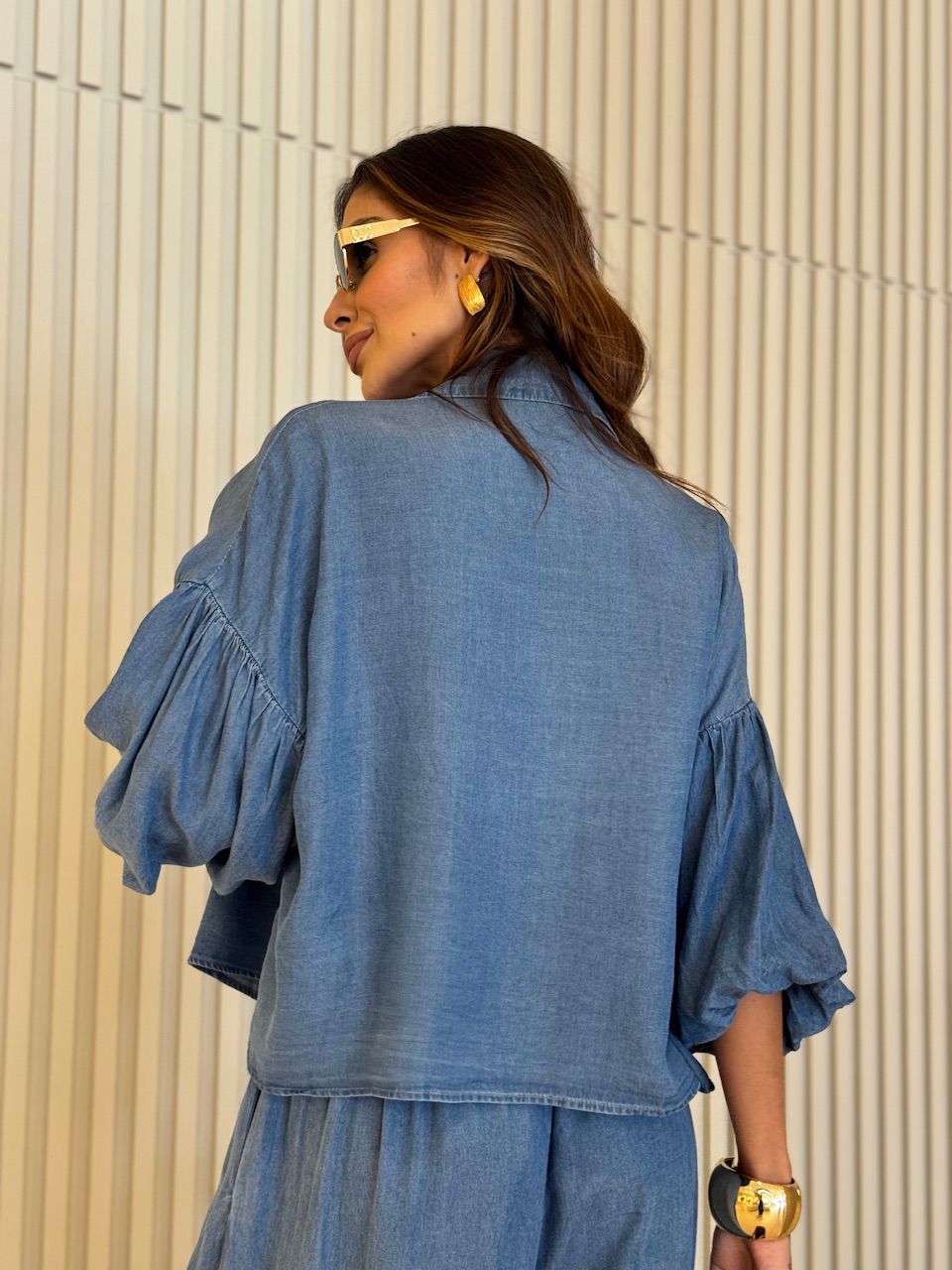 CAMISA SUELI MANGA BALONÊ JEANS MÉDIO