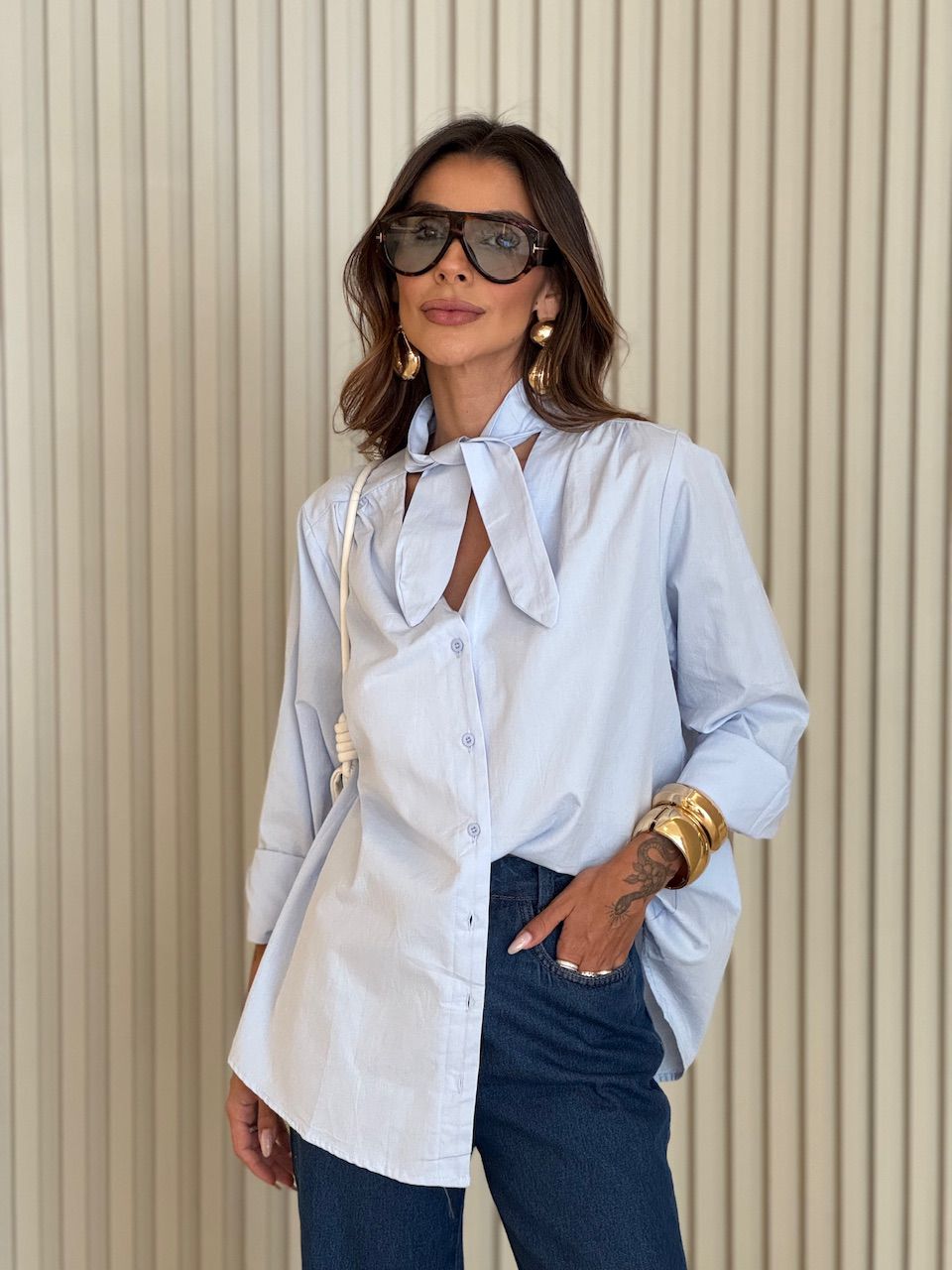 CAMISA BRUNA AMARRAÇÃO AZUL - 0074510109 - CAROLLA FERRARO