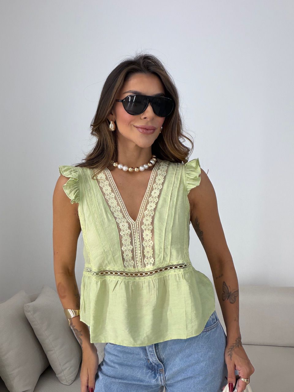 BLUSA CATARINA RENDA VERDE - 0078030230 - CAROLLA FERRARO