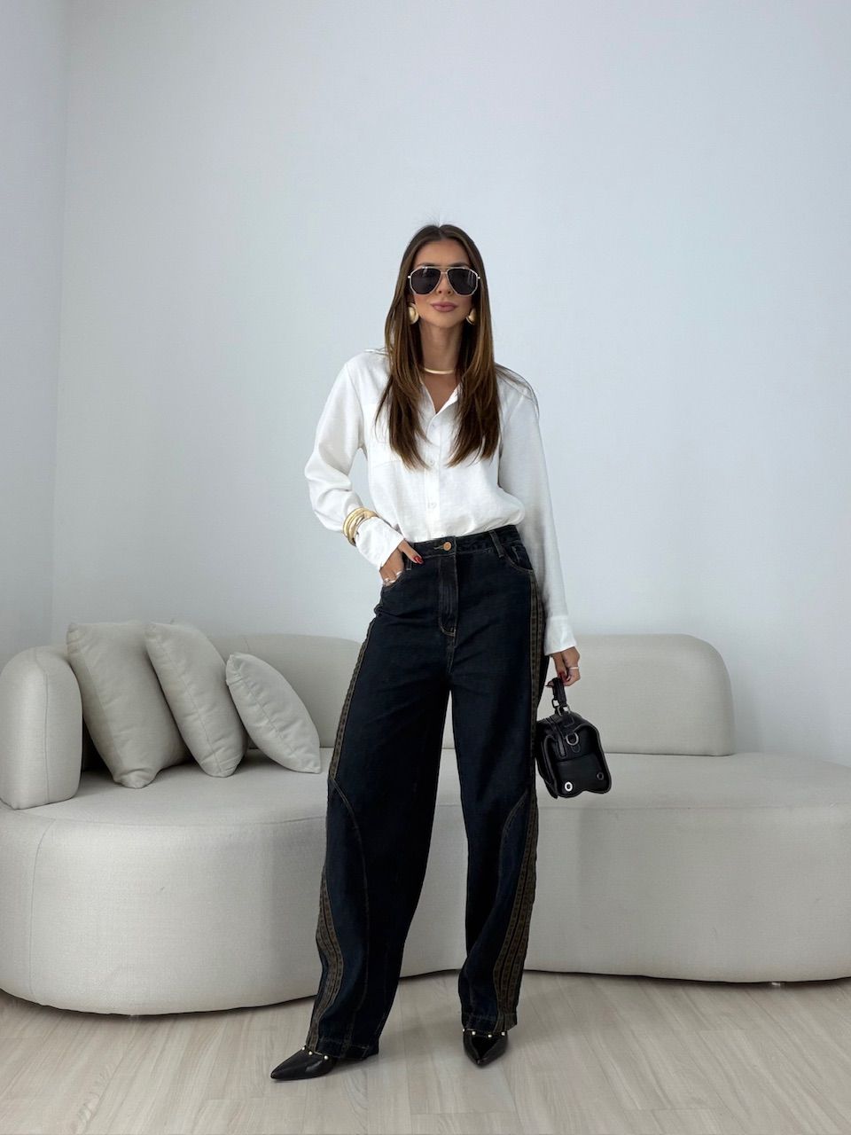 CALÇA SABRINA LISTRAS BALLOON JEANS ESCURO
