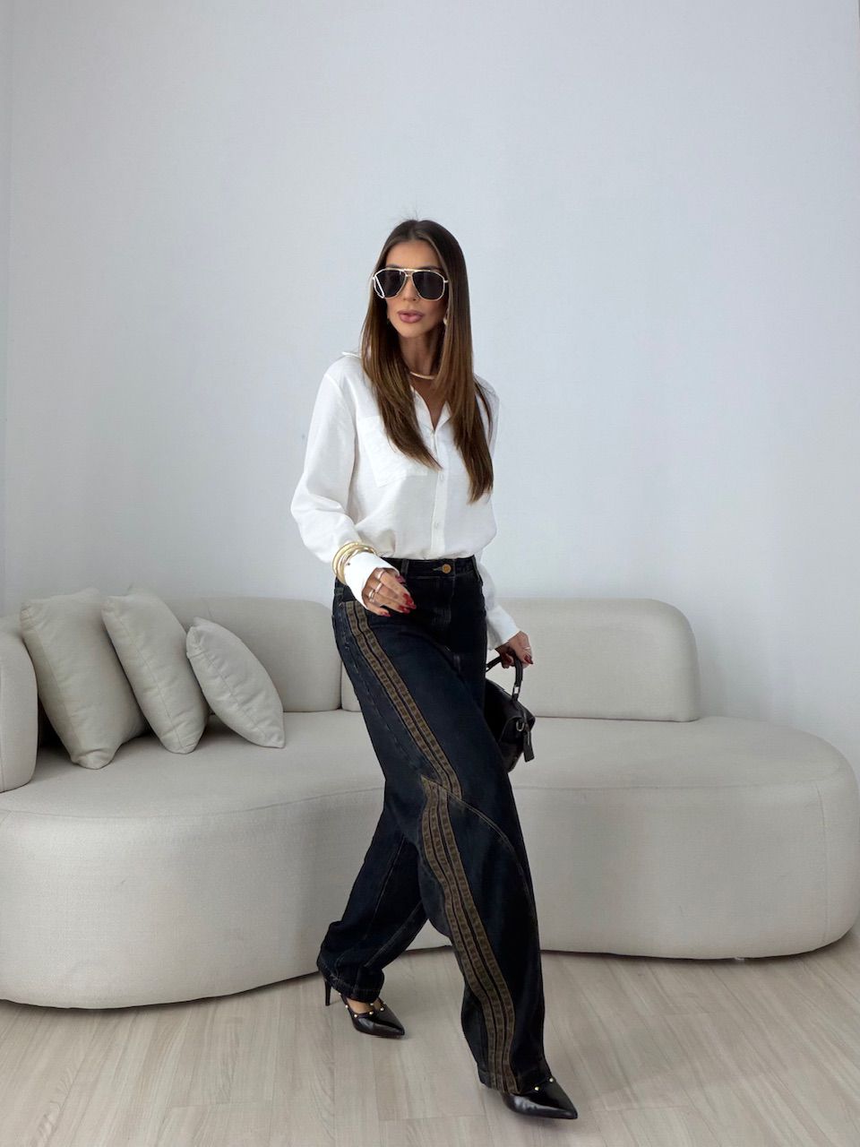 CALÇA SABRINA LISTRAS BALLOON JEANS ESCURO
