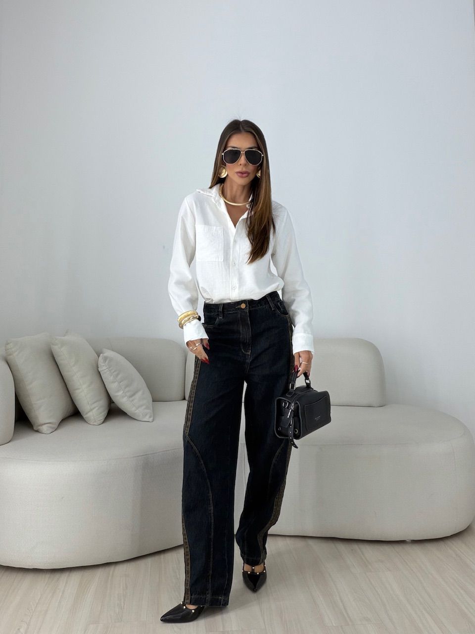 CALÇA SABRINA LISTRAS BALLOON JEANS ESCURO