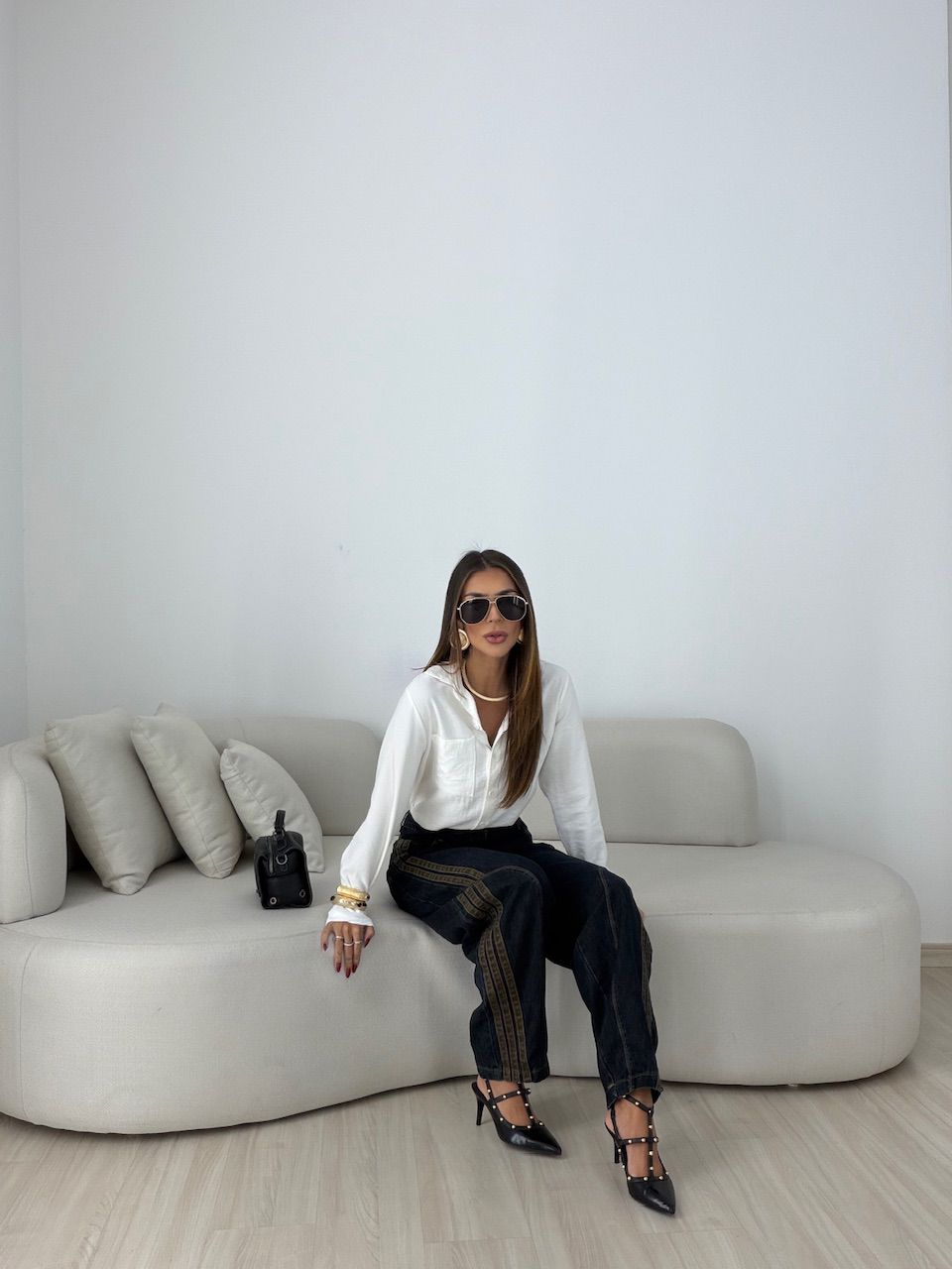 CALÇA SABRINA LISTRAS BALLOON JEANS ESCURO