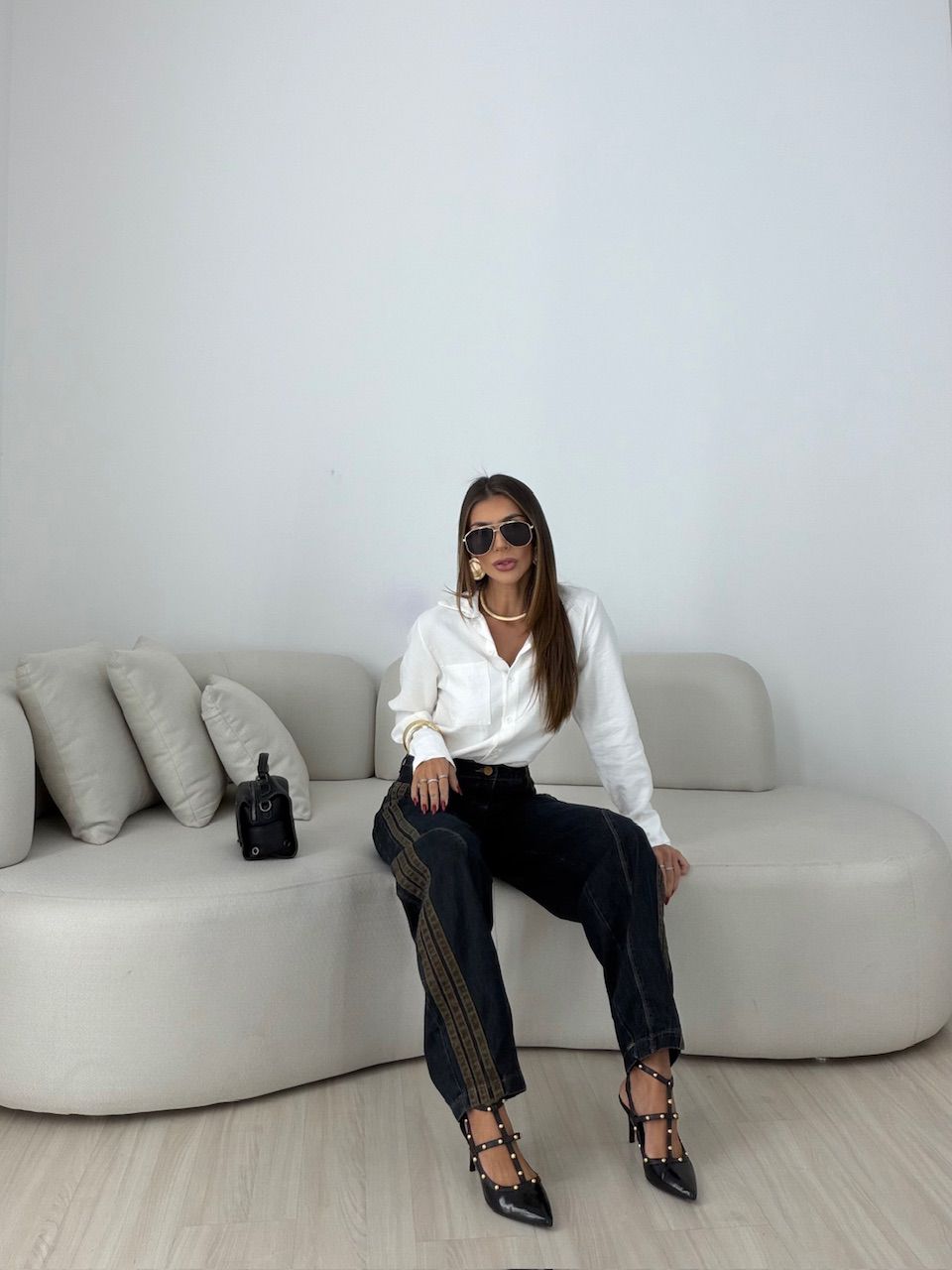 CALÇA SABRINA LISTRAS BALLOON JEANS ESCURO