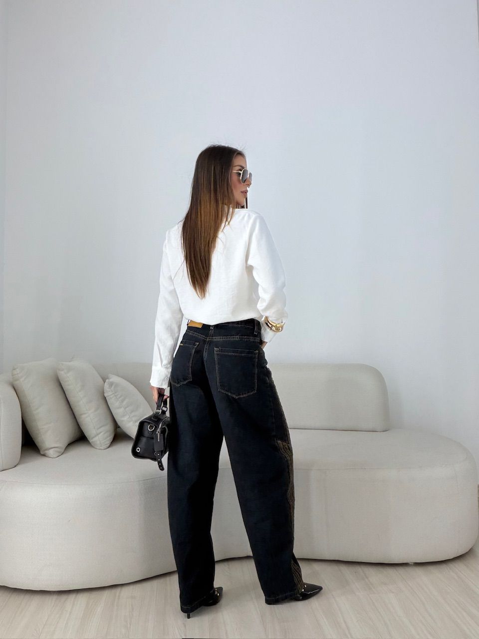 CALÇA SABRINA LISTRAS BALLOON JEANS ESCURO